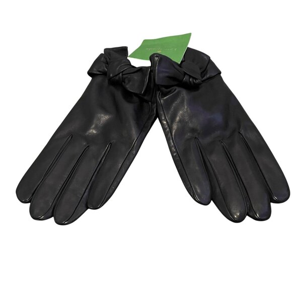 NWT Kate Spade Black Leather Self Knot Bow Gloves XL Style #KS1001658 New - Picture 1 of 7
